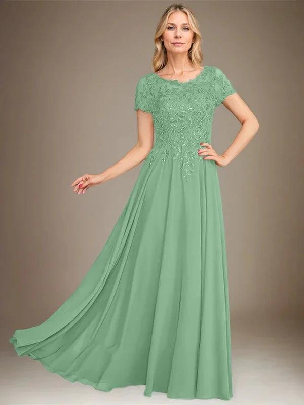 A-Line Scoop Floor-Length Chiffon Mother of the Bride Dress With Applique &amp; Sequins by Dreamylily