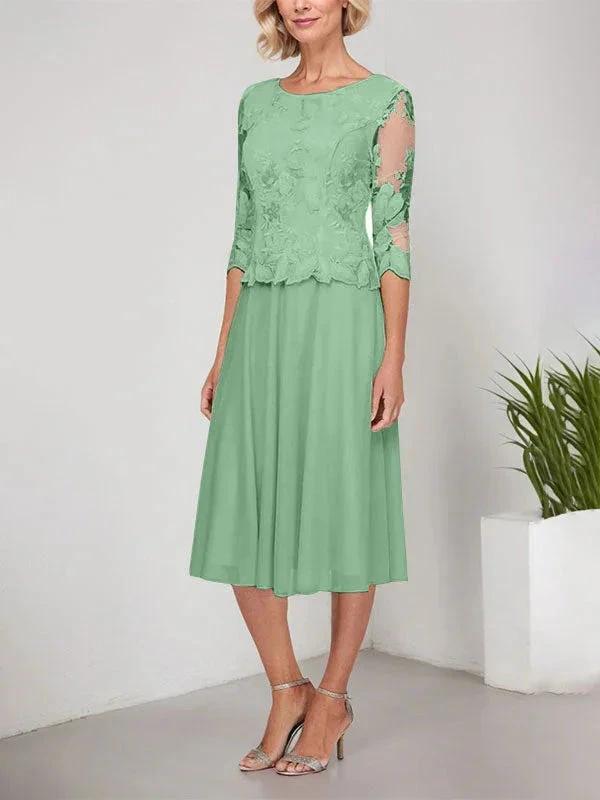 A-line Scoop Tea-Length Lace Chiffon Mother of the Bride Dress With Embroidery by Dreamylily