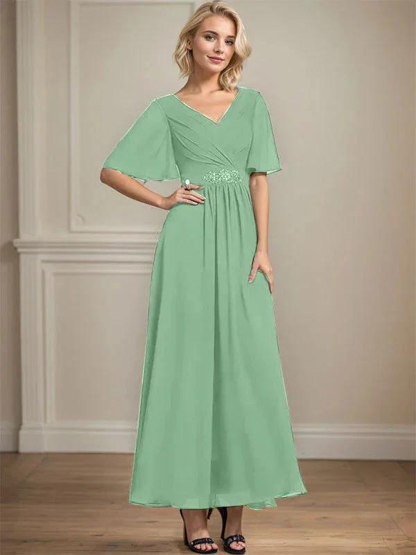 A-line V-Neck Ankle-Length Chiffon Mother of the Bride Dress With Pleated Beading Sequins by Dreamylily