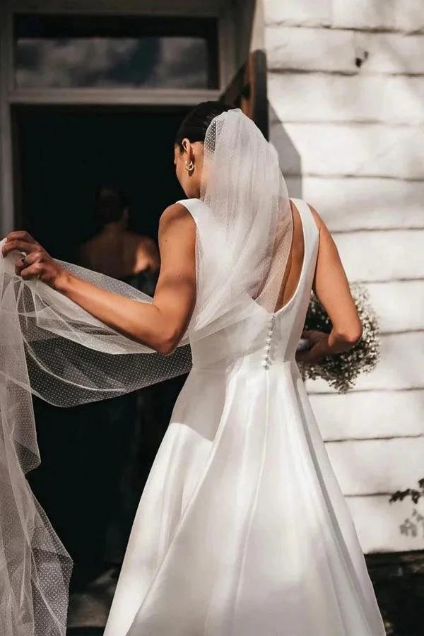 Satin A-Line Square Neck White Modest Wedding Dress WD737 by pgmdress