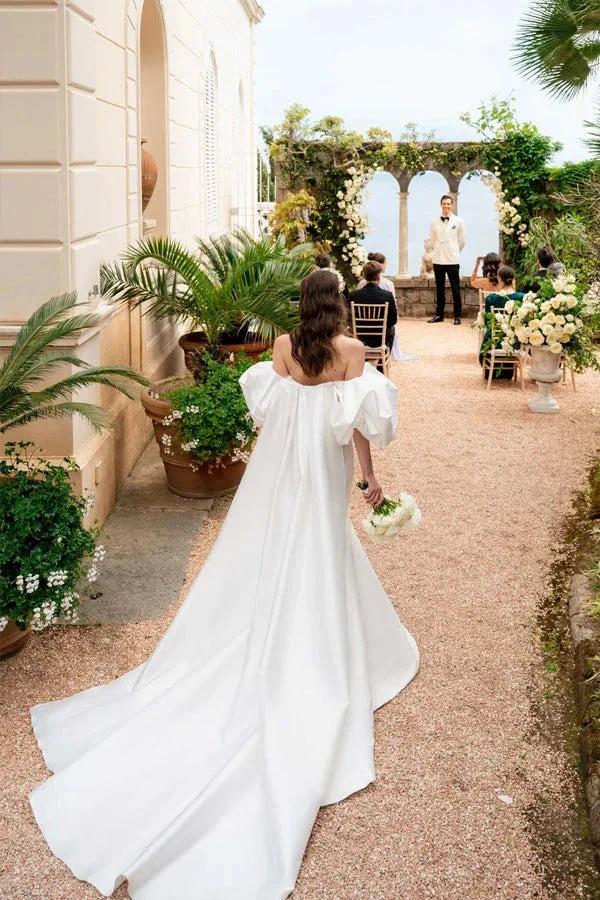 Satin Mermaid Off Shoulder Puff Sleeves Wedding Dress WD754 by pgmdress