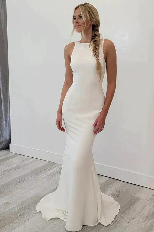 Satin Mermaid Open Back Beach Wedding Dresses Simple Bridal Gowns WD654 by pgmdress