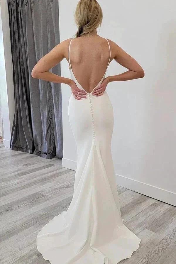 Satin Mermaid Open Back Beach Wedding Dresses Simple Bridal Gowns WD654 by pgmdress
