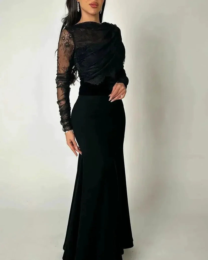 Saudi Arabia Black Women Evening Gowns Beads Floor Length Prom Dresses Long Sleeves Formal Wedding Cocktail Party Dress by Sunnderly