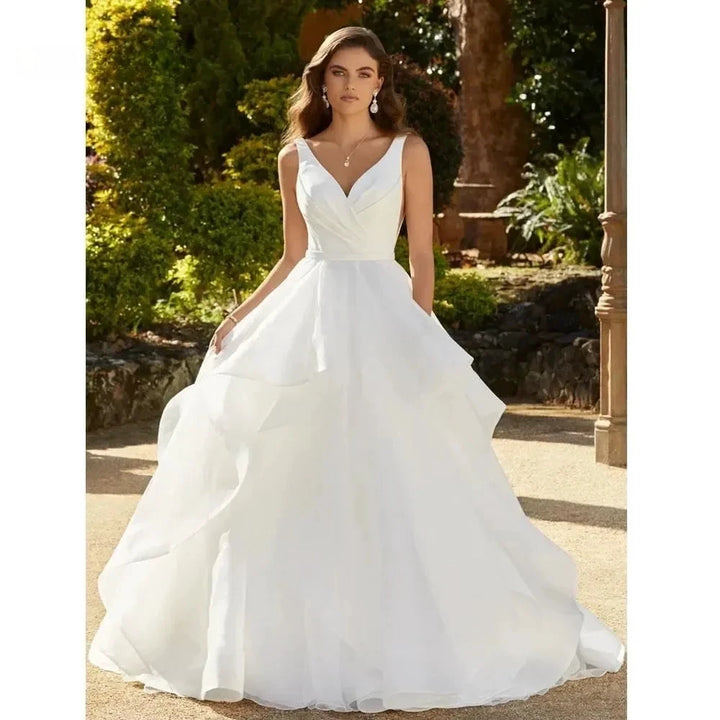 Elegant Ruffles Wedding Dresses For Women V-Neck Backless Bridal Gowns A-Line Sleeveless Vestidos De Novia by payinti