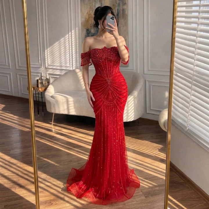 Serene Hill Red Mermaid Beaded Pearl Off-Shoulder Evening Gown 2026 High End Couture Party Dress for Women Customized DLA73148A