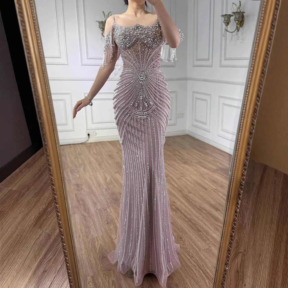 Serene Hill 2025 Customized Pink Off Shoulder Mermaid Evening Dress Luxury Beaded Party Gowns for Women DLA73148