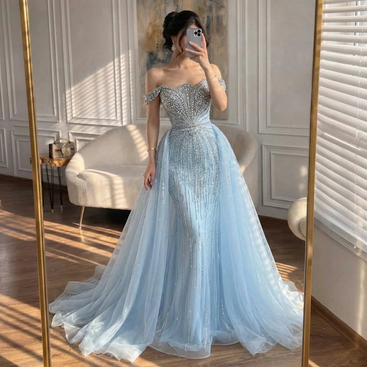 Serene Hill Green Mermaid Beaded Evening Party Gown 2026 Elegant Off-Shoulder Runway Dress with Overskirt Customized DLA73392