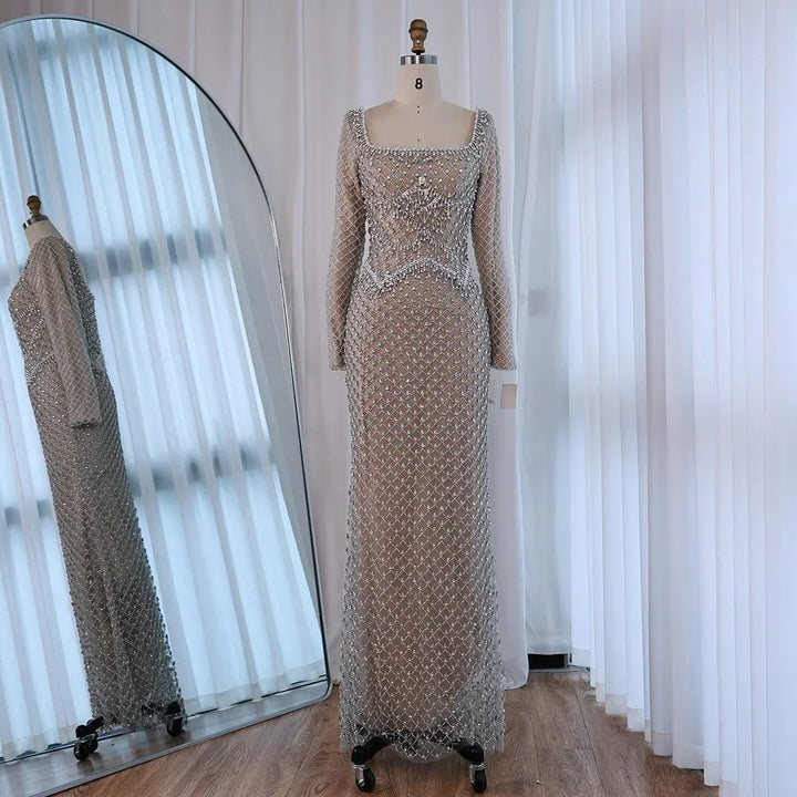 Elegant Beaded Pearl Mermaid Evening Dress with Long Sleeves for Wedding Occasion Serene Hill 2025 Customized DLA72919A