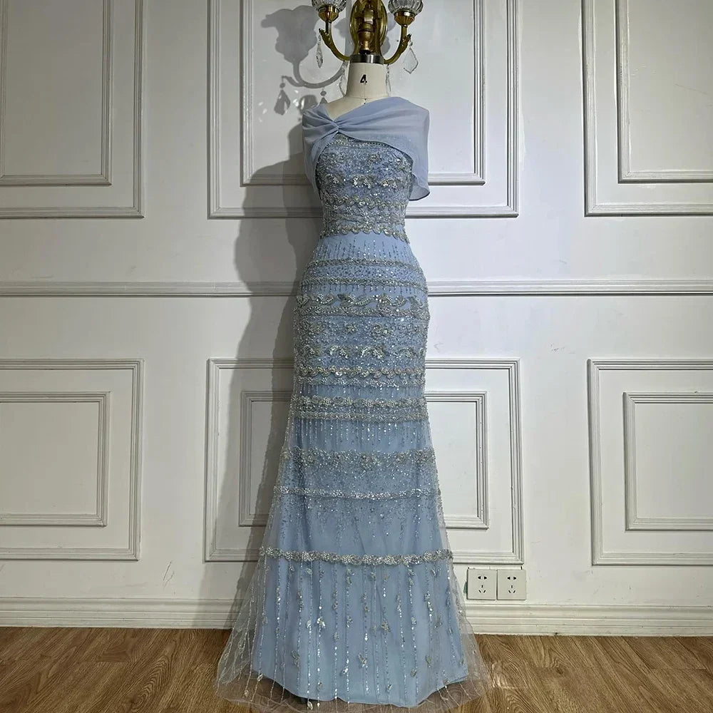 Serene Hill 2026 Customized Nude Mermaid Sleeveless Evening Dress with Long Cape Dubai Wedding Party Gowns for Women DLA72126B