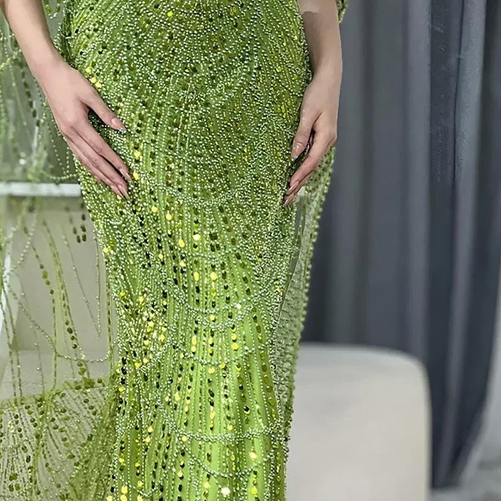 Elegant Dubai Sage Green Mermaid Evening Dress with Cape Sleeves Beaded Formal Gown Serene Hill 2025 Customized DLA72160A