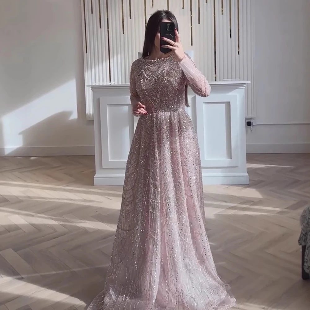 Serene Hill Wine Red Long Sleeves Muslim A-line Evening Dress Pearls Beaded Party Gowns for Women Plus Size Customized DLA72738B