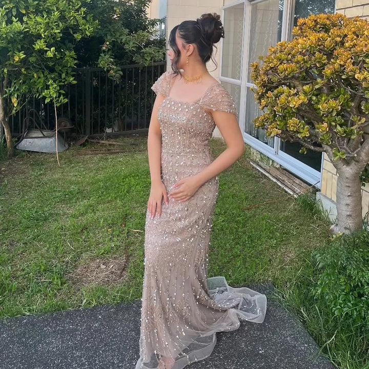 Serene Hill Blue Mermaid Beaded Evening Dresses with Detachable Sleeves Elegant Party Gowns for Women DLA72714 Customized