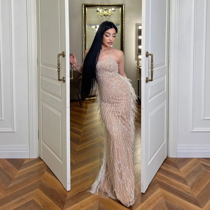 Serene Hill White Nude Spaghetti Strap Feathers Beaded Mermaid Evening Dress Party Gown for Women DLA72823 Customized