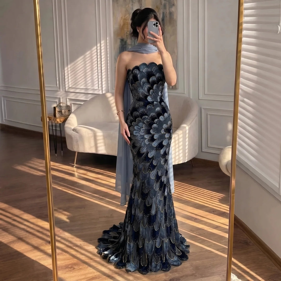 Serene Hill 2026 Black Strapless Mermaid Evening Dress with Scarf Elegant Formal Party Gowns for Women DLA73607 Customizedf
