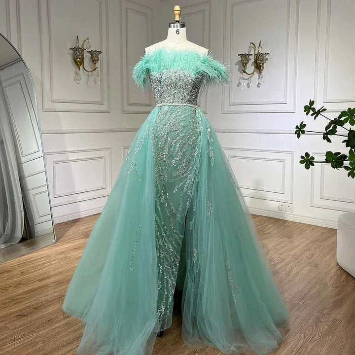 Serene Hill Yellow Feathers Beaded Mermaid Evening Dresses with Overskirt Side Slit Party Gowns for Women DLA72061 Customized