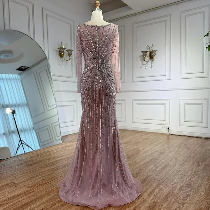 Serene Hill Pink V-neck Long Sleeves Beaded Evening Dress with Detachable Overskirt Party Gown for Women Customized DLA73156
