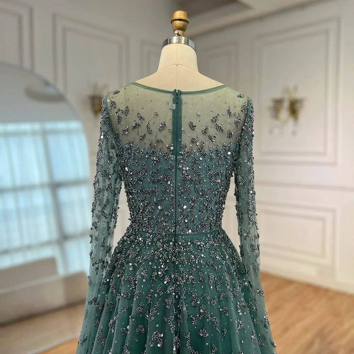 Serene Hill Turquoise A-line Beaded Evening Dress with Cape Sleeves Elegant Party Gowns for Women Customized DLA72965