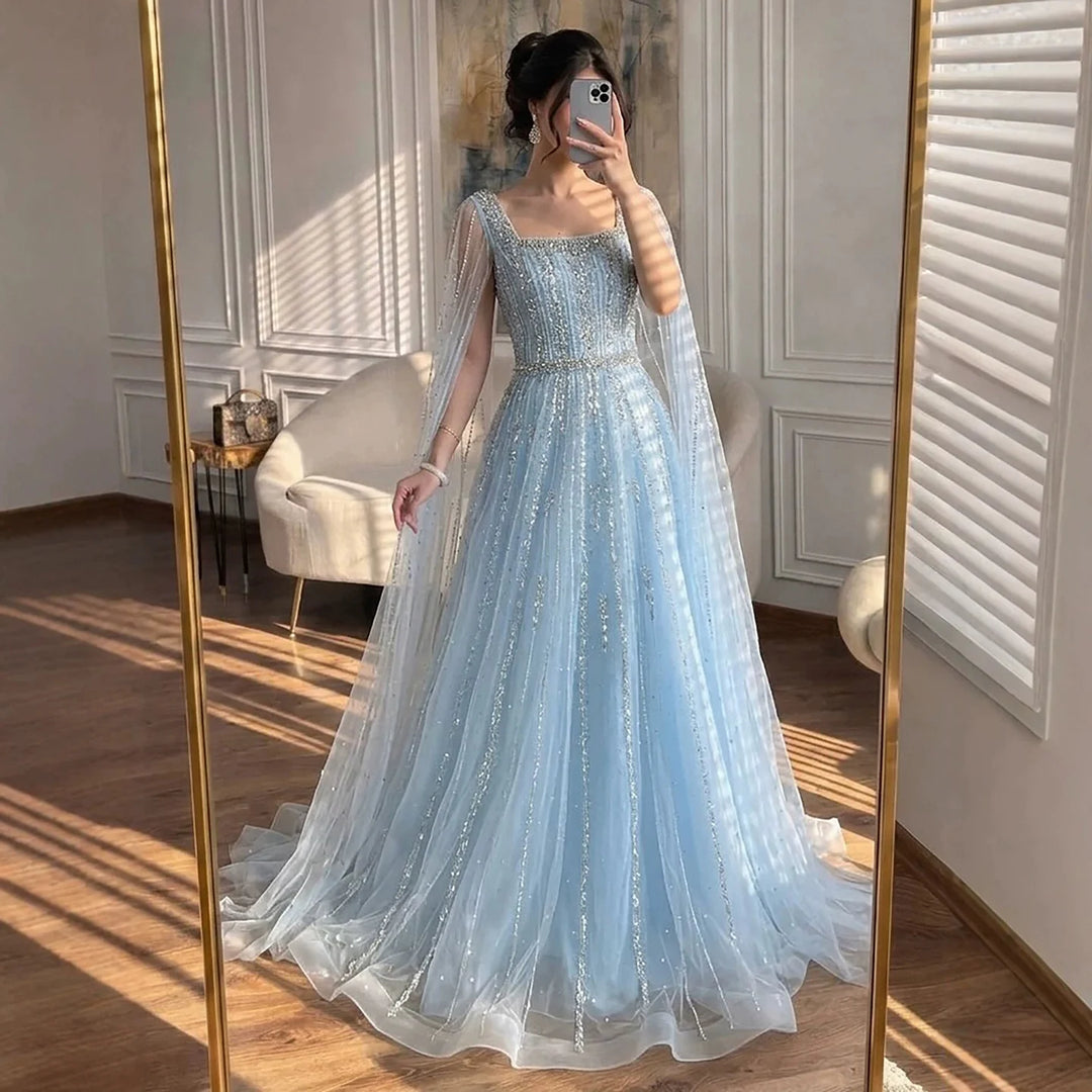 Serene Hill Turquoise Square Collar Beaded Evening Dress with Cape Sleeves Dubai Pary Gowns for Women DLA73188 Customized