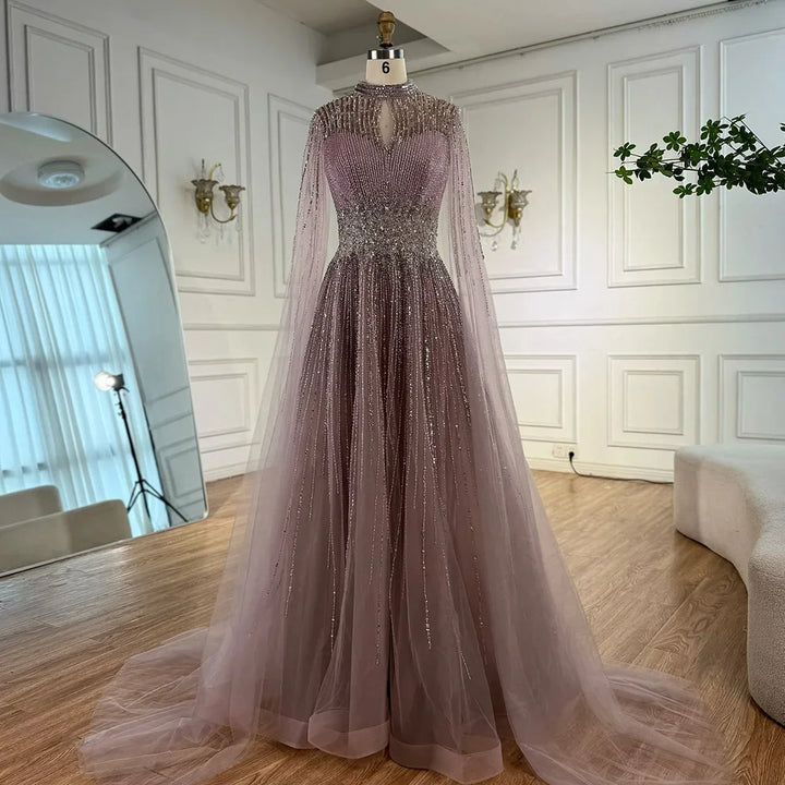 Elegant Modest Blue Beaded Evening Dress with Cape Sleeves Dubai Gown Serene Hill 2025 Customized DLA73059