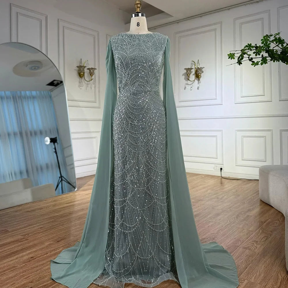 Elegant Dubai Sage Green Mermaid Evening Dress with Cape Sleeves Beaded Formal Gown Serene Hill 2025 Customized DLA72160A