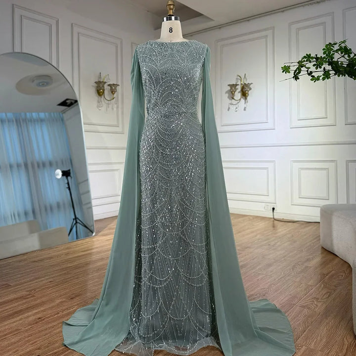 Elegant Dubai Sage Green Mermaid Evening Dress with Cape Sleeves Beaded Formal Gown Serene Hill 2025 Customized DLA72160A
