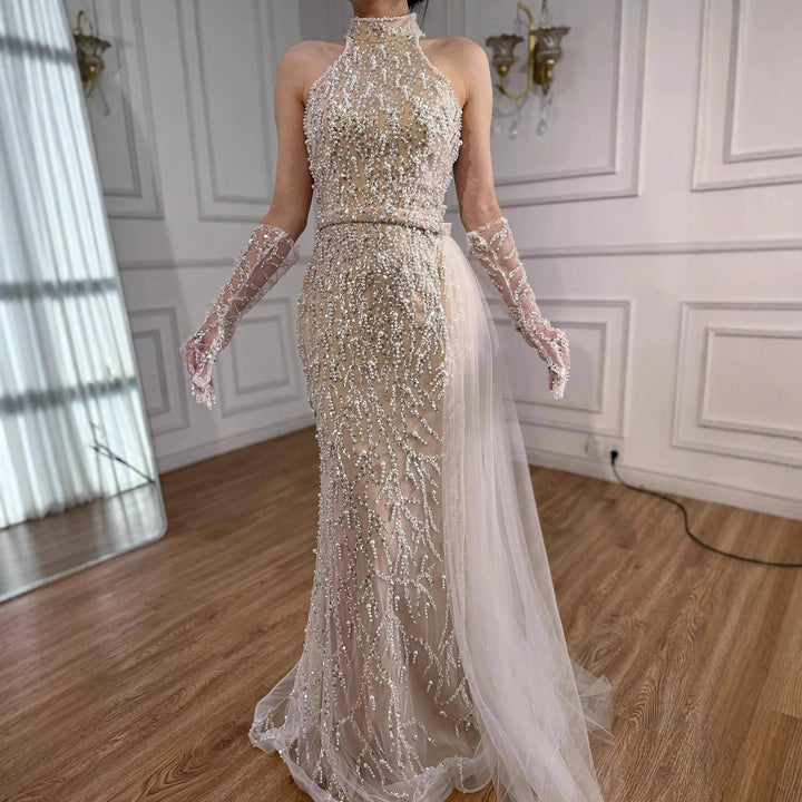 Serene Hill White Nude Pearls Halter Mermaid Evening Gowns with Gloves Formal Party Dresses for Women 2026 Customized DLA72345F