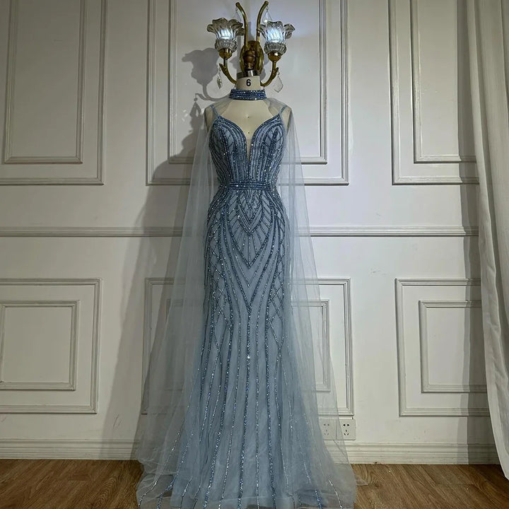 Serene Hill 2025 Customized Dubai Caramel Mermaid Arabic Evening Dresses with Beaded Cape Sleeves for Party DLA72852