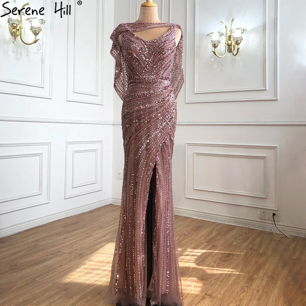 Serene Hill Customized Silver Nude Beaded Mermaid Evening Dresses 2025 Elegant Party Gowns For Women Wedding DLA70752