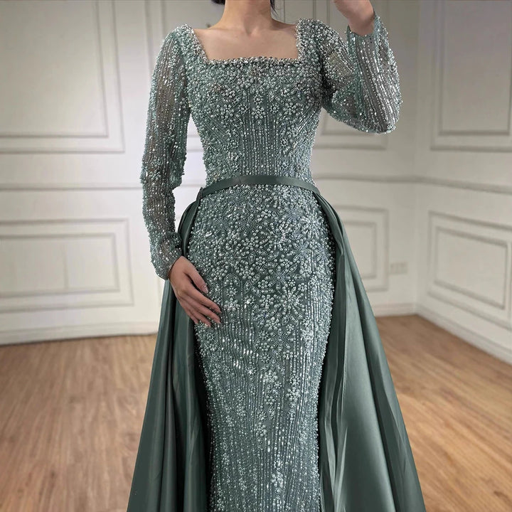 Serene Hill Turquoise Square Collar Mermaid Beaded Evening Dress Overskirt Party Gowns with Long Sleeves Customized DLA72533A