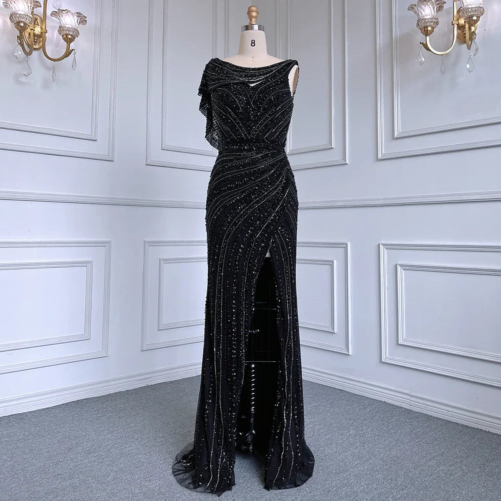 Serene Hill Customized Silver Nude Beaded Mermaid Evening Dresses 2025 Elegant Party Gowns For Women Wedding DLA70752