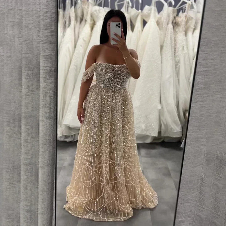 Serene Hill 2025 Customized Dubai Olive Green A Line Off Shoulder Evening Dresses With Pearl Beaded Design For Party DLA72738A