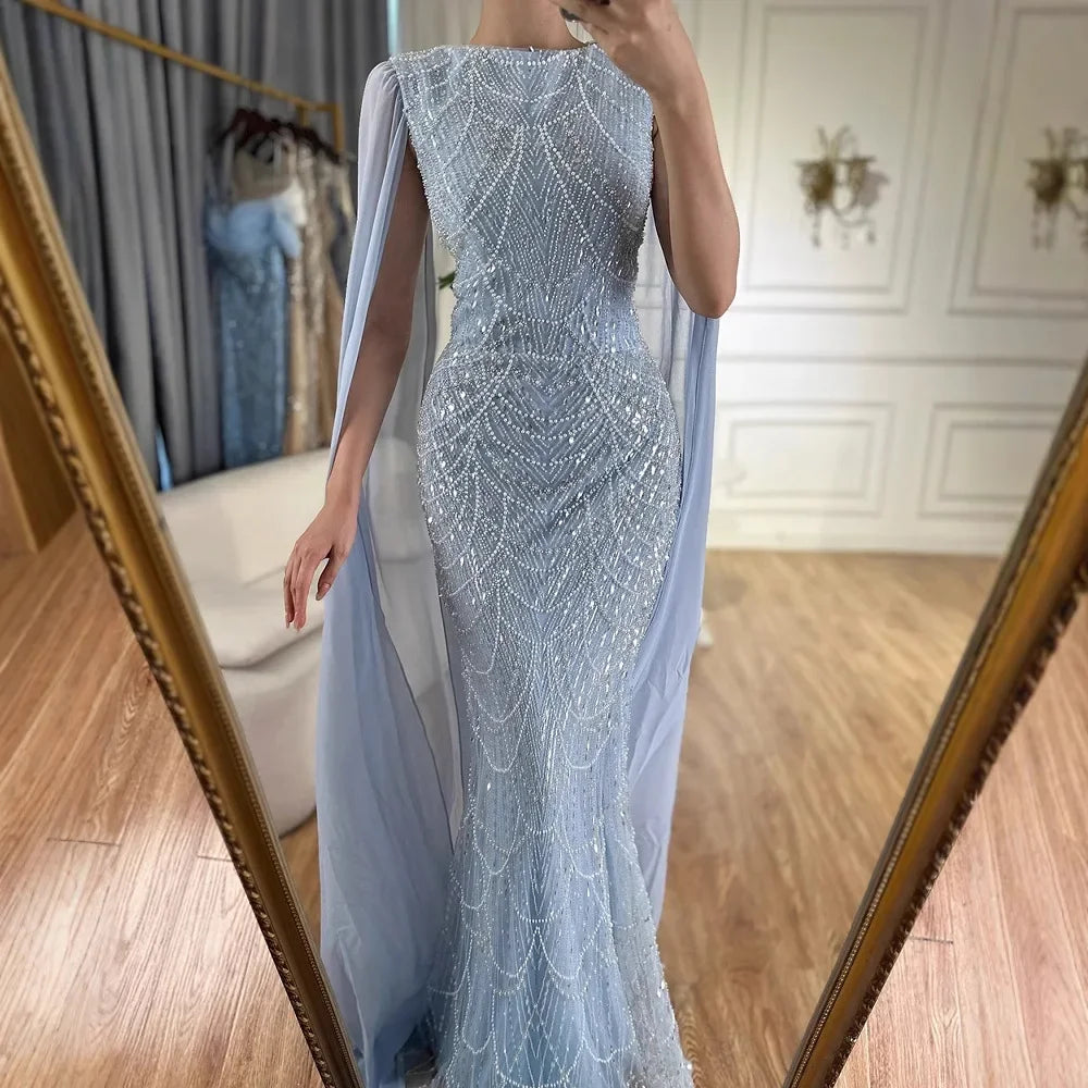Elegant Dubai Sage Green Mermaid Evening Dress with Cape Sleeves Beaded Formal Gown Serene Hill 2025 Customized DLA72160A