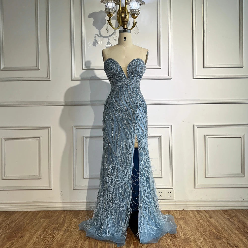 Serene Hill Customized 2025 Strapless Blue Luxury Beaded Feathers Slit Open Evening Party Gowns for Women DLA72695