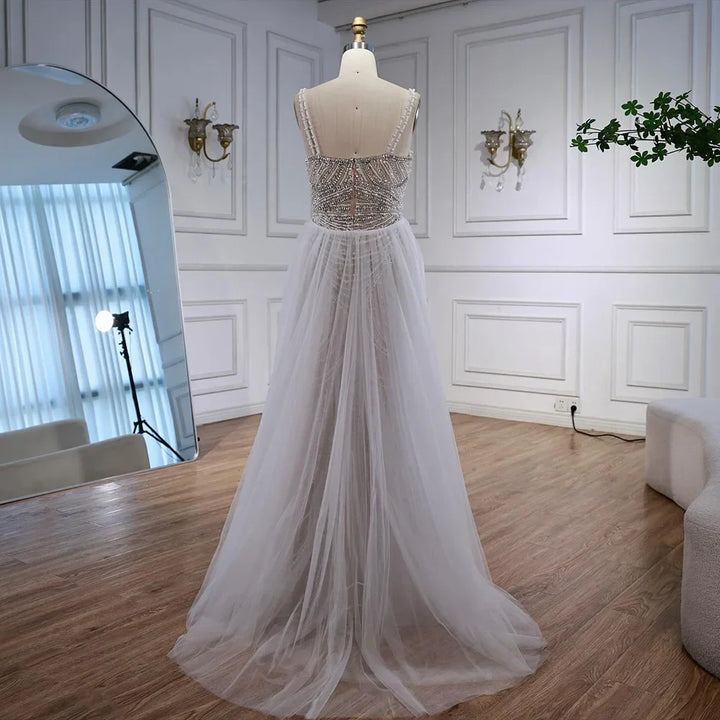 Serene Hill White Nude V-neck Sleeveless Mermaid Beaded Evening Dress with Overskirt Wedding Party Gowns DLA72253A Customized