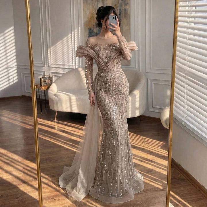 Serene Hill Pink Long Sleeves Mermaid Beaded Evening Dresses Elegant Wedding Party Gowns for Women Customized DLA72928