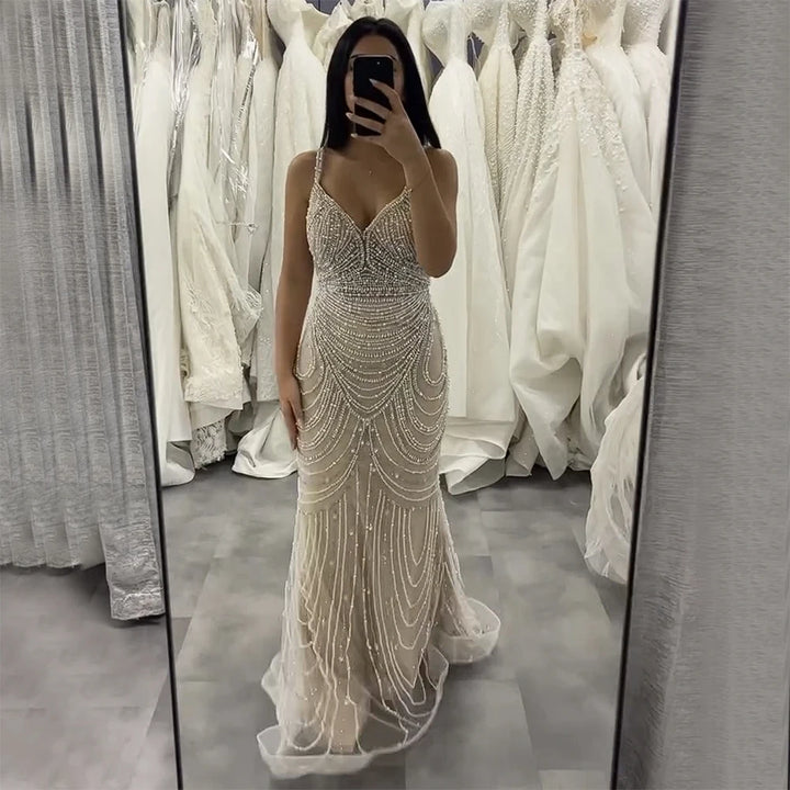 Serene Hill White Nude V-neck Sleeveless Mermaid Beaded Evening Dress with Overskirt Wedding Party Gowns DLA72253A Customized