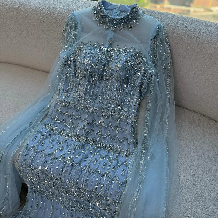 Serene Hill Dubai Blue Beaded Evening Dress with Cape Sleeves 2025 Formal Party Gowns for Women DLA72714A Customized