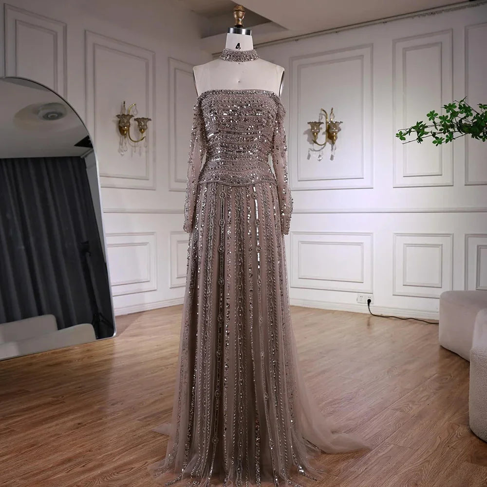 Elegant Caramel Beaded Off Shoulder Evening Dress with Long Sleeves for Formal Party Serene Hill 2025 Customized DLA73053