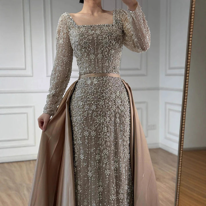 Serene Hill Turquoise Square Collar Mermaid Beaded Evening Dress Overskirt Party Gowns with Long Sleeves Customized DLA72533A