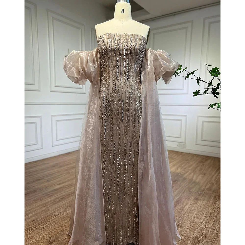 Serene Hill Customized Blue Mermaid Puff Sleeves Beaded Evening Dresses Dubai Elegant Party Gowns For Women 2024 DLA71823