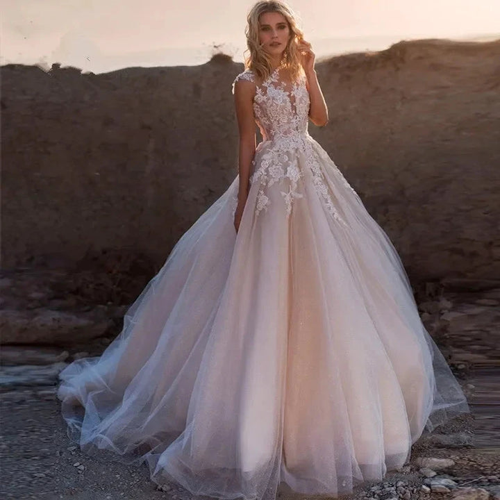 Gorgeous White Tulle O-Neck Sleeveless Decal Luxury Pearl Embroidery Button A-line Floor-Length Bridal Ball Dress by payinti