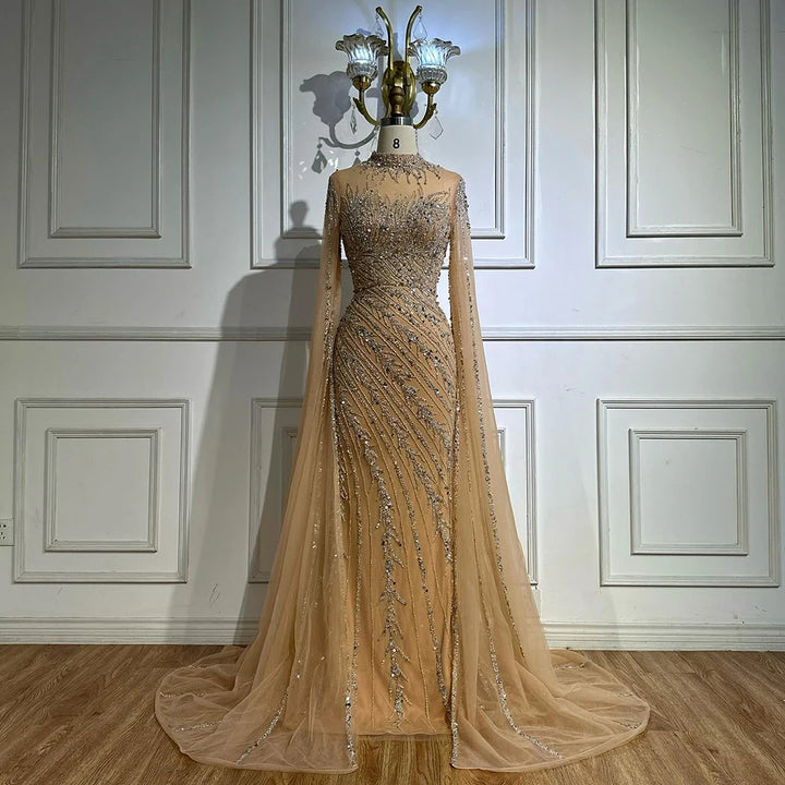 Serene Hill Customized Caramel Mermaid Beaded Cape Sleeves Evening Dresses 2024 Dubai Party Gowns for Women Wedding DLA71885A