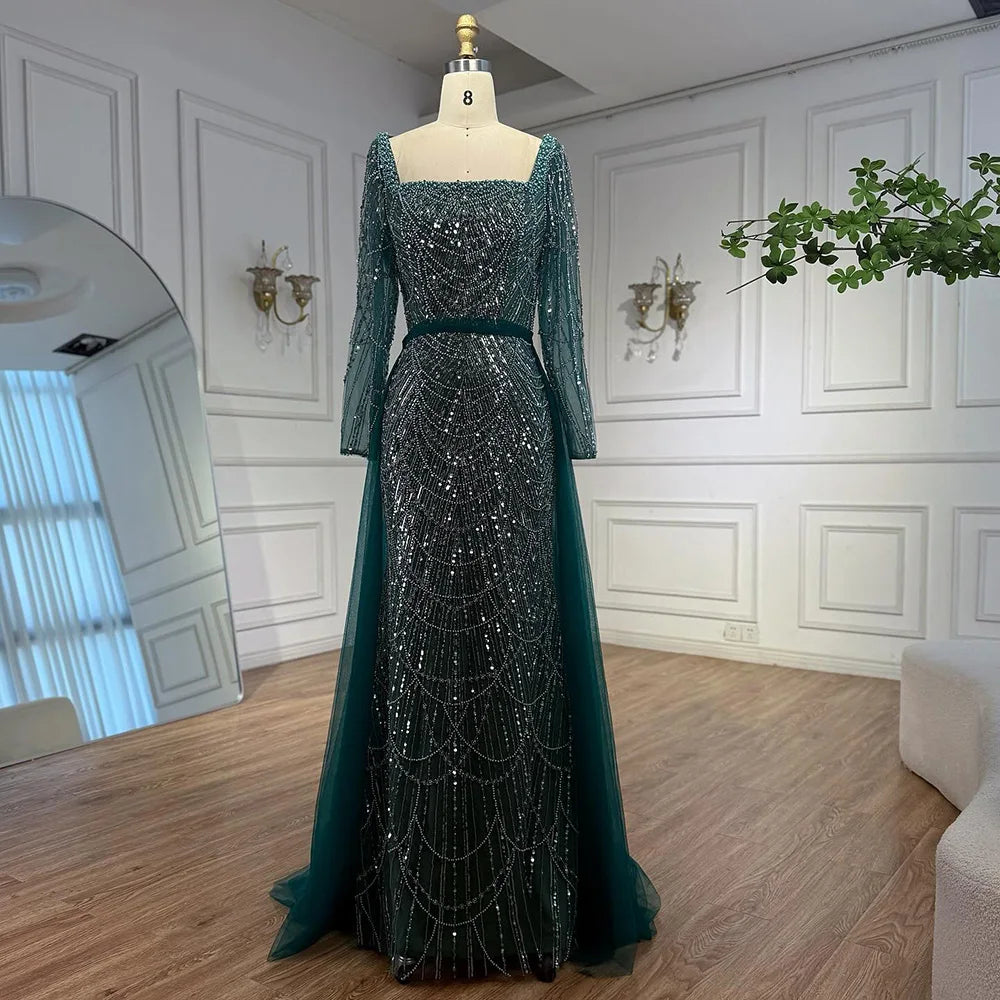 Serene Hill Green Square Collar Long Sleeve Mermaid Pearls Beaded Evening Party Gown Overskirt Dress DLA72032N Customized