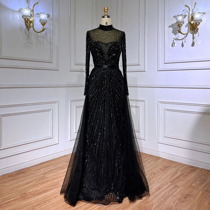 Serene Hill Customized Nude Long Sleeves Beaded Mermaid Dubai Evening Dresses 2025 Muslim Party Gowns for Veiled Women DLA71533