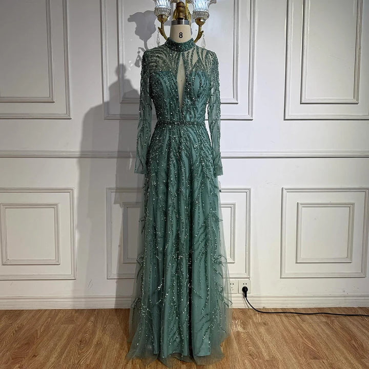 Serene Hill Customized Elegant Turquoise A Line Evening Dress with High Neck Beaded Design for Women Formal Party Gown DLA71682A