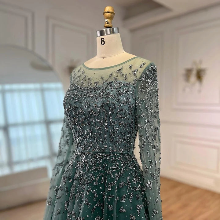 Serene Hill Turquoise A-line Beaded Evening Dress with Cape Sleeves Elegant Party Gowns for Women Customized DLA72965