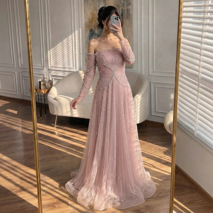 Serene Hill Customized Off Shoulder Long Sleeves A-line Prom Dress for Women Formal Wedding Party Evening Gowns DLA73333