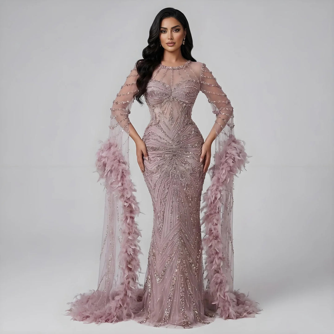 Serene Hill Pink Luxury Beaded Mermaid Evening Dress Gowns with Feathers for Formal Occasion Customized DLA72708A