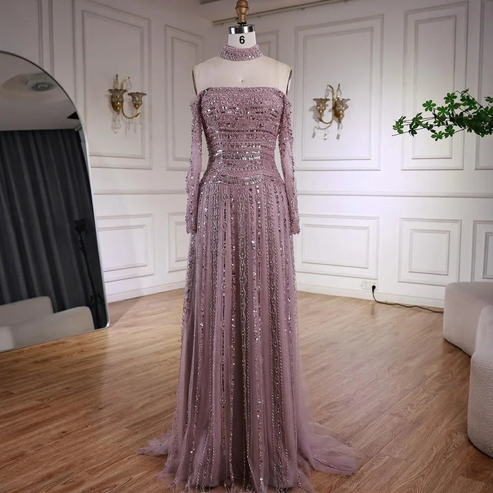 Elegant Caramel Beaded Off Shoulder Evening Dress with Long Sleeves for Formal Party Serene Hill 2025 Customized DLA73053